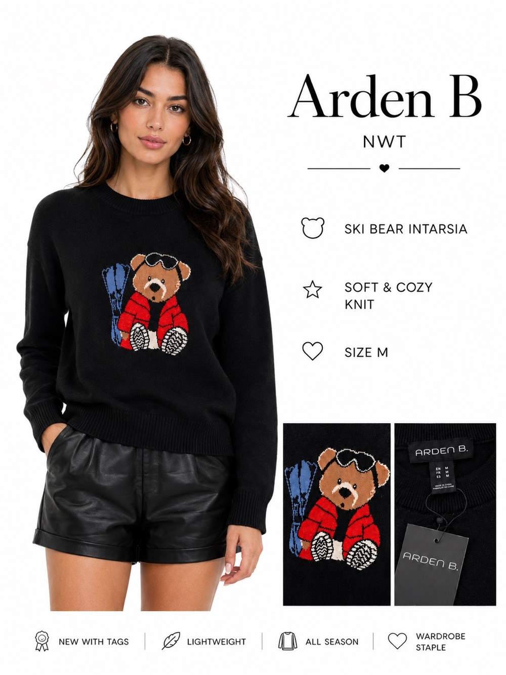 Arden B. NWT Ski Bear Intarsia Sweater | Cozy Black Graphic Knit Pullover Med